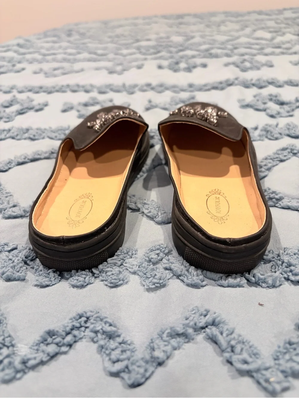 Joyfolie Black Jeweled Slip-On Mules